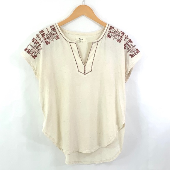MADEWELL Short Sleeve Tee Size Medium Cream Boho Split Neck Shirt E11 - Picture 2 of 8